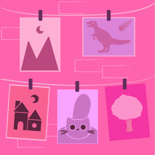 Ilustração da oficina de cores: desenhos estão pendurados em um varal: há uma paisagem montanhosa, um dinossauro, uma casa, um gato e uma árvore.